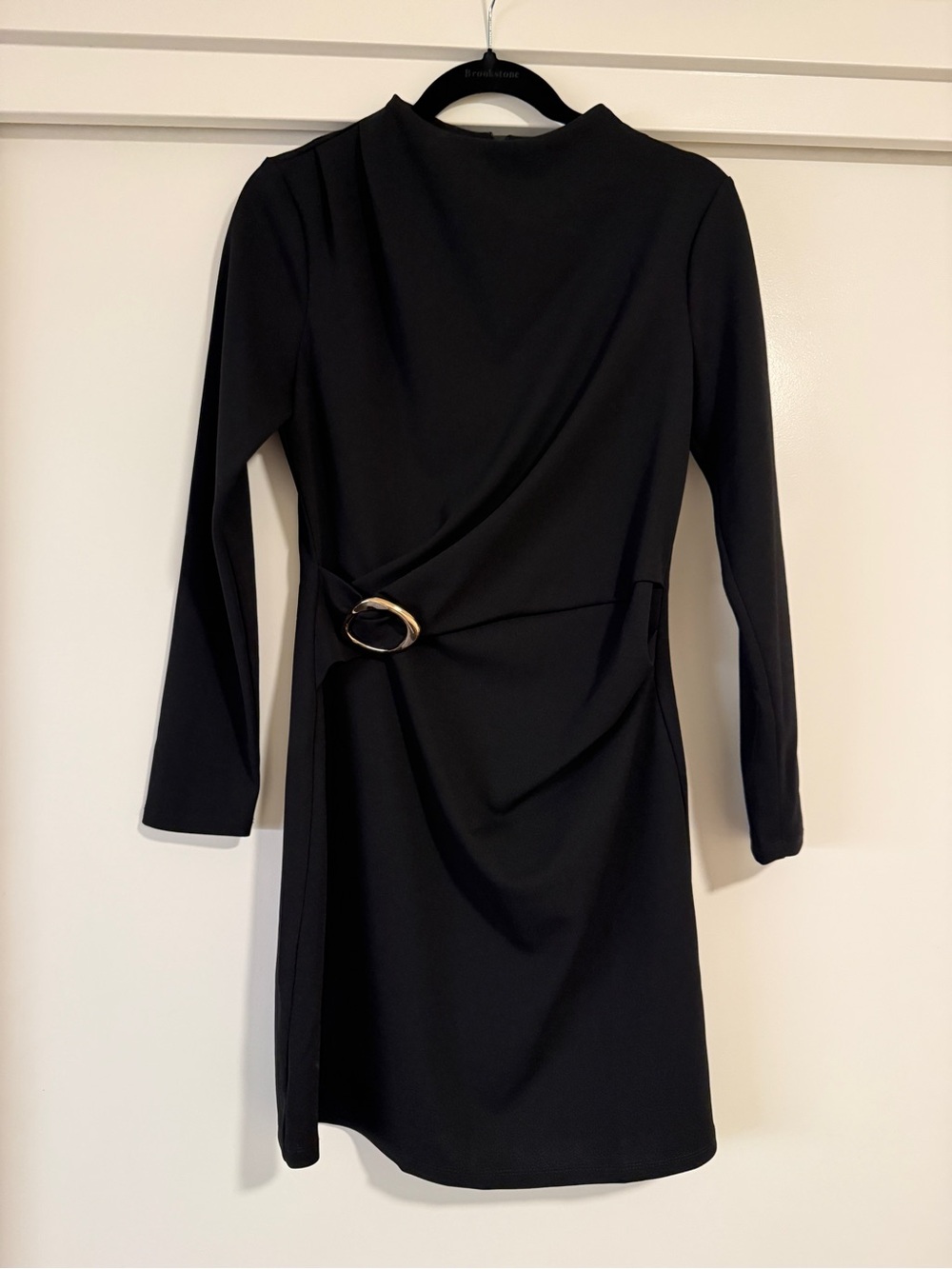 Donna Morgan Black Long-Sleeve Draped Dress with Gold Ring Detail